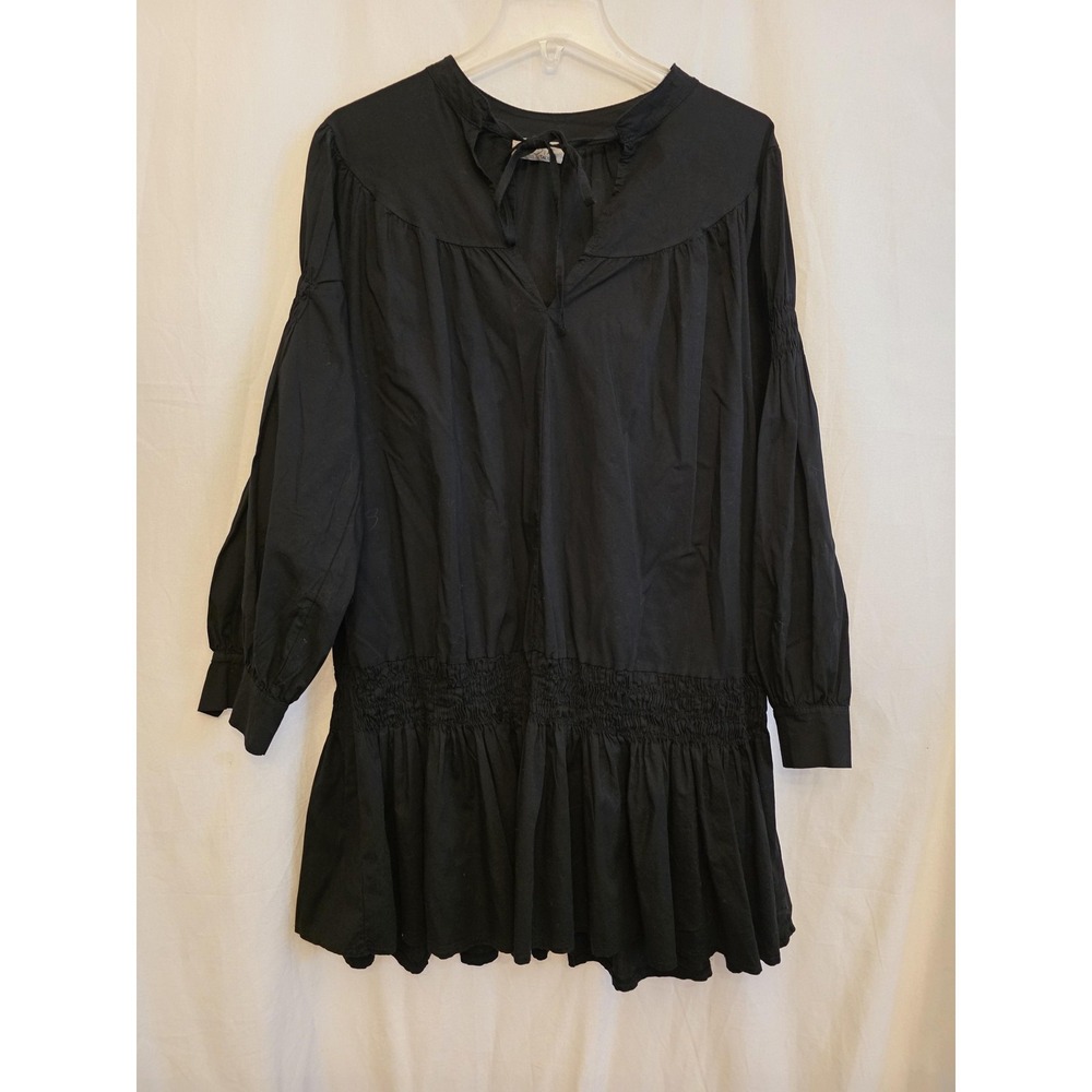 Sofia Dress Womens One‎ Size Black Smocked Ruffle Hem Trapeze Long Sleeve Italy